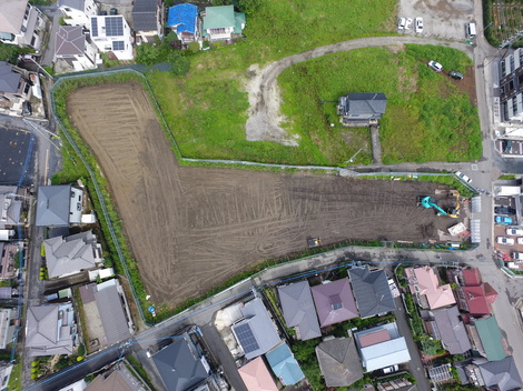 七里駅北側特定土地区画整理事業　第1調整池築造工事（第3期）-現場上空写真